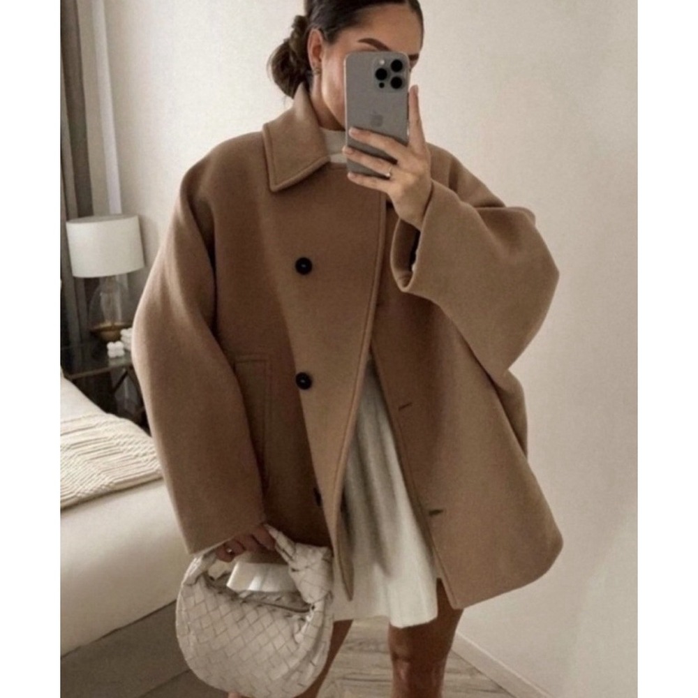 Zara Oversized Brown Wool Short Coat Bat Sleeve Runway City Tik Tok Fall - Picture 11 of 11